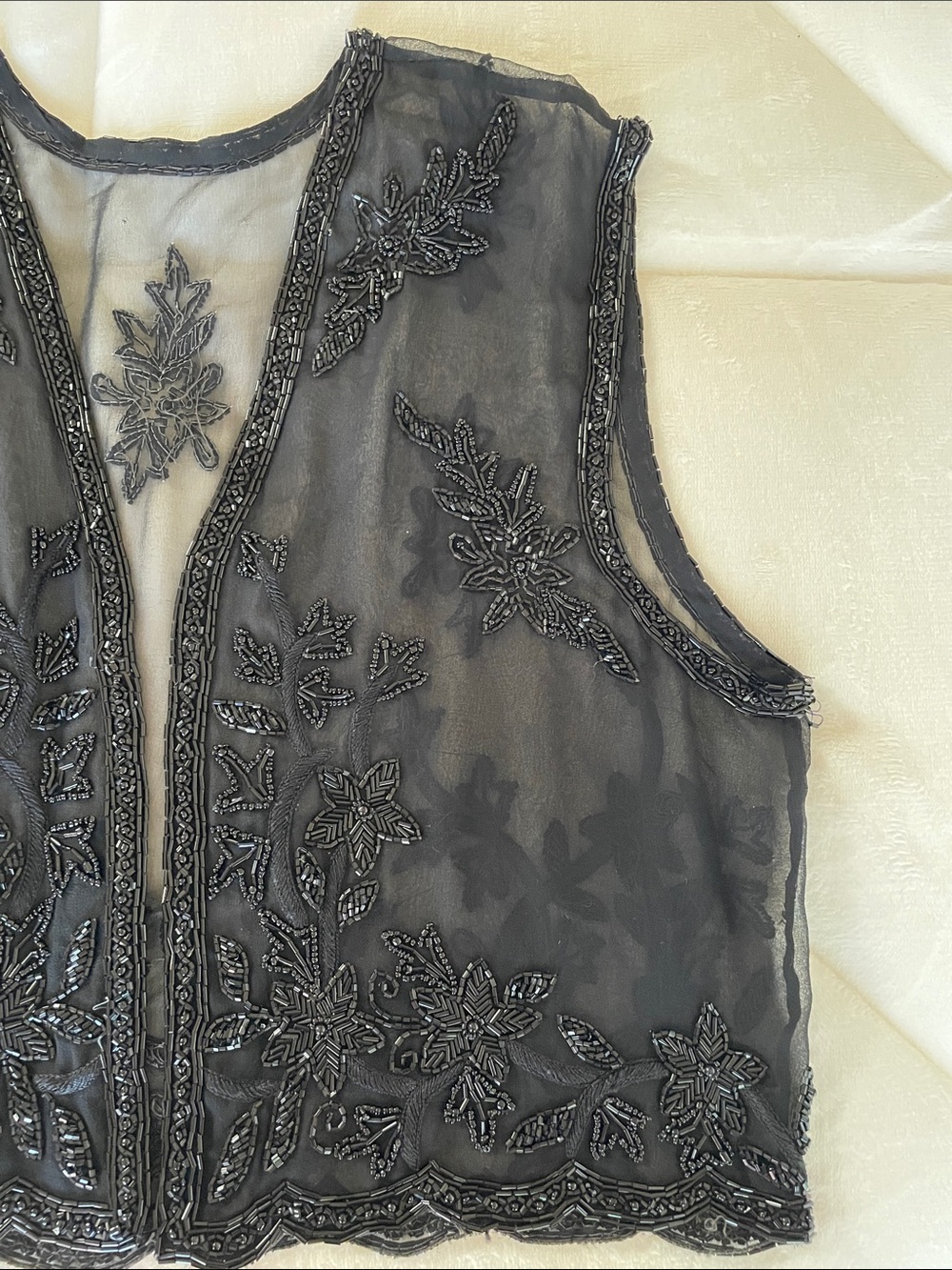 Vintage Embroidered Sheer Silk Black Beaded Vest Top - Picture 2 of 8